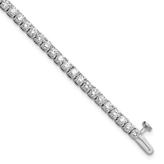 A close-up of a white gold diamond tennis bracelet