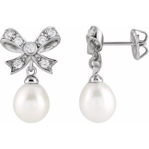 Bow Pearl Dangle Diamond Earrings