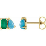 14K Yellow Gold Lab-Grown Emerald and Natural Turquoise Stud Earrings