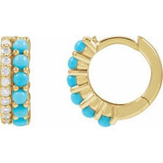 14K Yellow Gold Natural Turquoise and Diamond Huggie Hoop Earrings