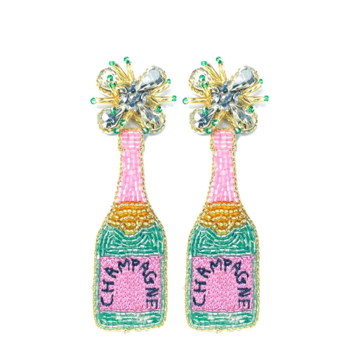 Champagne Bottle Earrings — Pink and Green