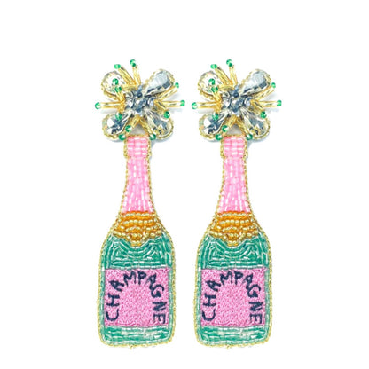 Champagne Bottle Earrings — Pink and Green