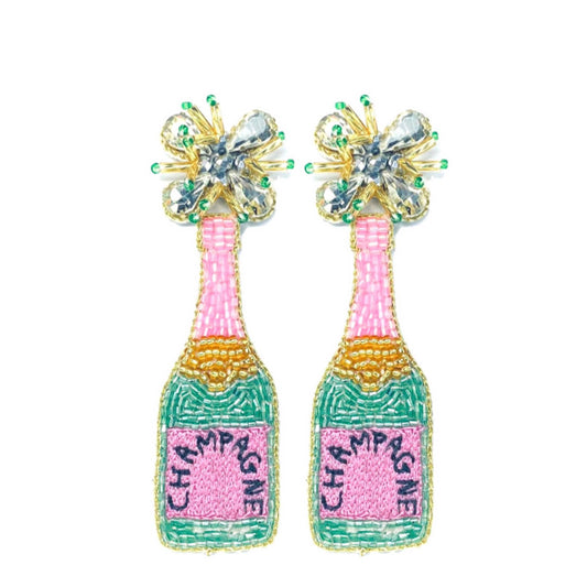 Champagne Bottle Earrings — Pink and Green
