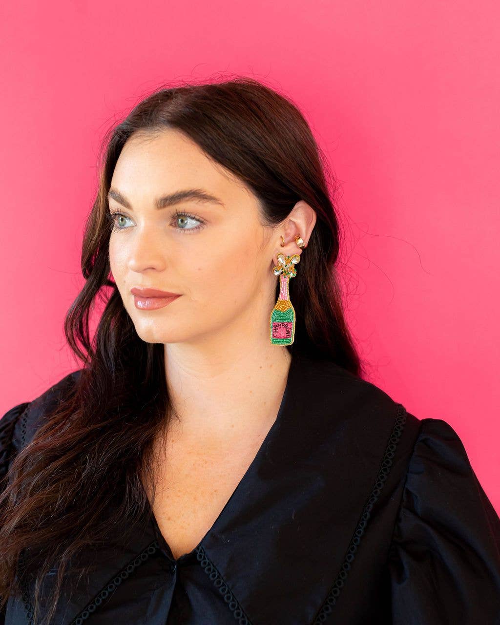 Champagne Bottle Earrings — Pink and Green