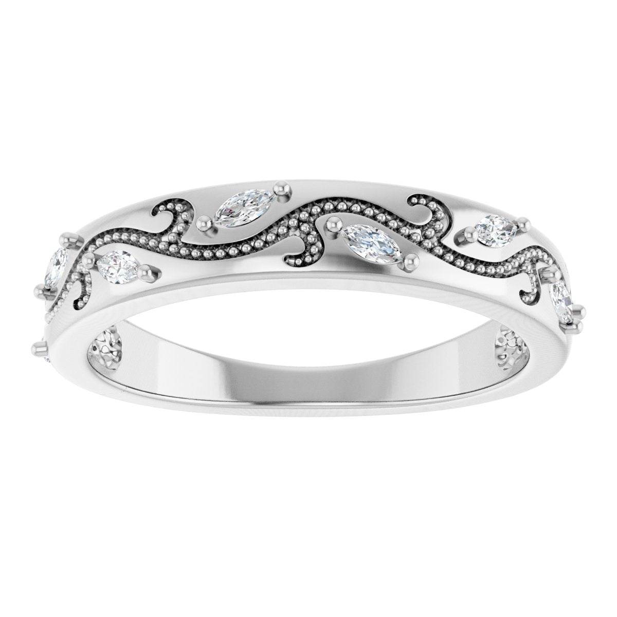 Marquise diamond anniversary band, 2.5 X 1.25 mm stone design, product rendering