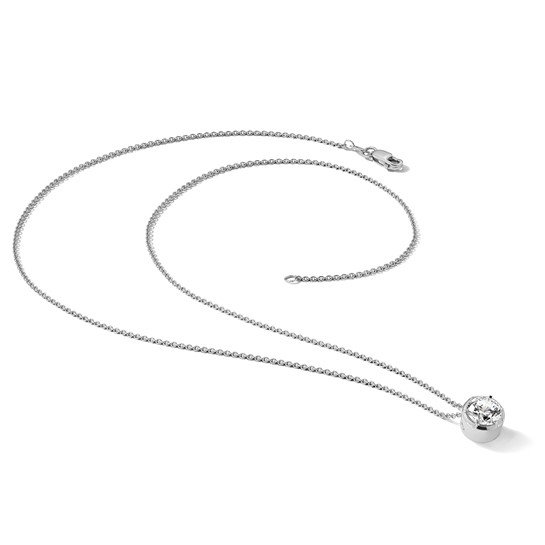 White gold solitaire slide necklace showing the chain and clasp