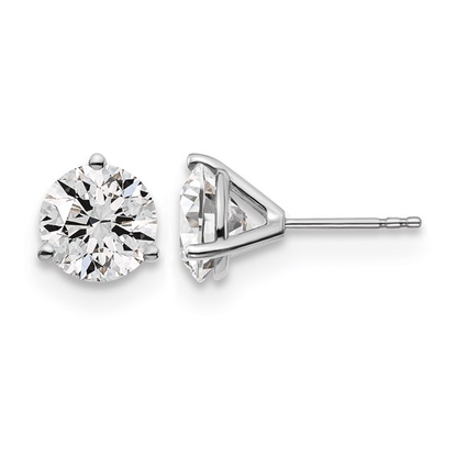 Round lab-grown diamond studs in white gold, three-prong front and side view