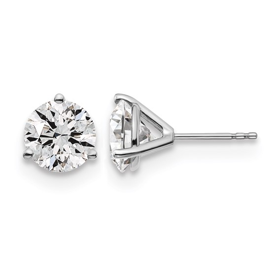 White gold three-prong martini diamond stud earrings, front and side views; style reference, not shown to scale.