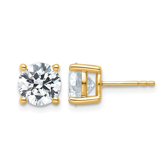 Round lab-grown diamond studs in yellow gold, four-prong front and side view