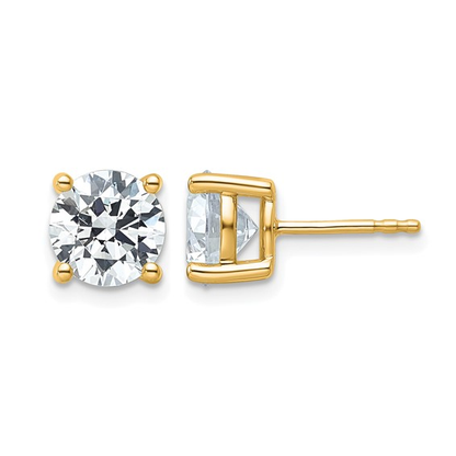 Round lab-grown diamond studs in yellow gold, four-prong front and side view