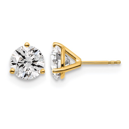 Round lab-grown diamond studs in yellow gold, three-prong front and side view